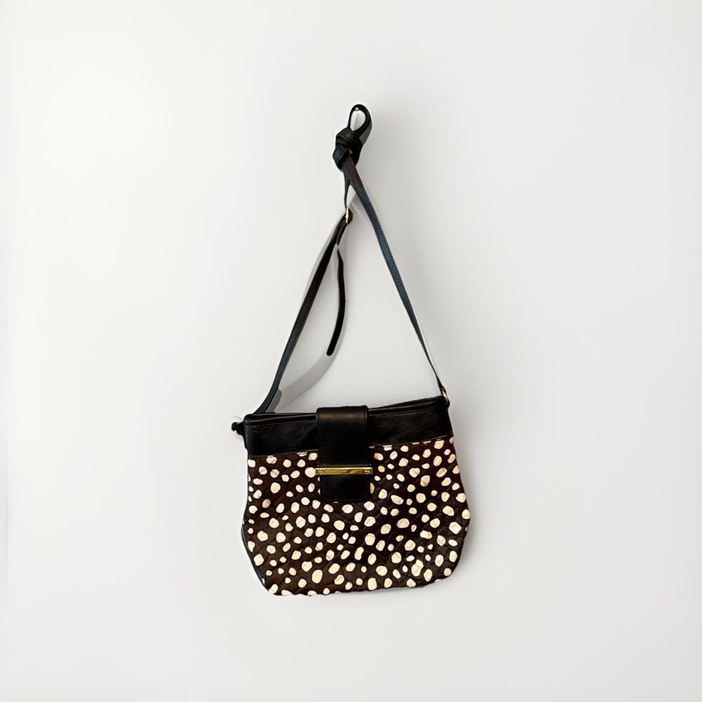 Talbots Black Leather Calfhair Chita Pattern Small Crossbody Purse 9.5x9x3"